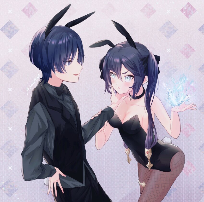 1boy 1girl alternate_costume animal_ears argyle_background artist_name bare_shoulders black_bow black_bowtie black_choker black_hair black_leotard black_pants black_shirt black_sleeves black_undershirt black_vest blunt_bangs blunt_ends blush bow bowtie breasts cheek_press choker cleavage closed_mouth collarbone dress_shirt eyelashes fake_animal_ears fake_tail fishnet_pantyhose fishnets gem genshin_impact gold gradient_hair hair_between_eyes hair_bow half-closed_eyes hand_on_another&#039;s_chin hand_on_own_hip hand_up hetero highleg highleg_leotard highres holding_another&#039;s_arm imminent_attack jewelry lapels large_breasts leotard light_frown long_hair long_sleeves looking_at_another mona_(genshin_impact) multicolored_hair open_hand open_mouth pants pantyhose parted_bangs playboy_bunny ponytail_holder purple_eyes purple_hair rabbit_ears rabbit_tail red_gemstone red_lips remind_lam22 scaramouche_(genshin_impact) shirt sideboob sidelocks sideways_mouth smile star_(symbol) star_choker strapless strapless_leotard tail thighlet tuxedo twintails vest waistcoat wanderer_(genshin_impact) water