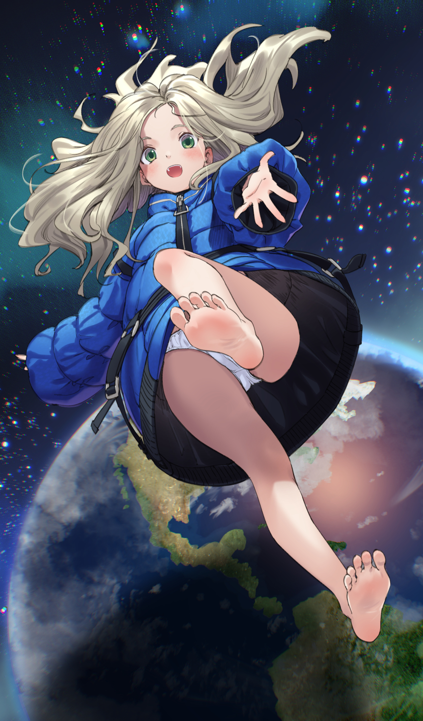 1girl absurdres bare_legs barefoot blue_jacket brown_hair character_request down_jacket earth_(planet) feet green_eyes highres jacket long_hair looking_at_viewer no_shoes open_mouth panties planet pragmata reaching reaching_towards_viewer soles tenkuu_nozora underwear white_panties