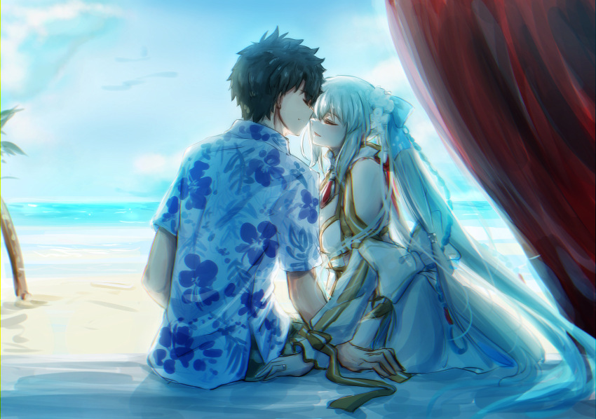 1boy 1girl black_hair bow closed_eyes fate/grand_order fate_(series) fujimaru_ritsuka_(male) fujimaru_ritsuka_(male)_(tropical_summer) hair_between_eyes hair_bow hetero highres morgan_le_fay_(fate) morgan_le_fay_(water_princess)_(fate) ponytail ringozuki short_hair smile swimsuit white_hair