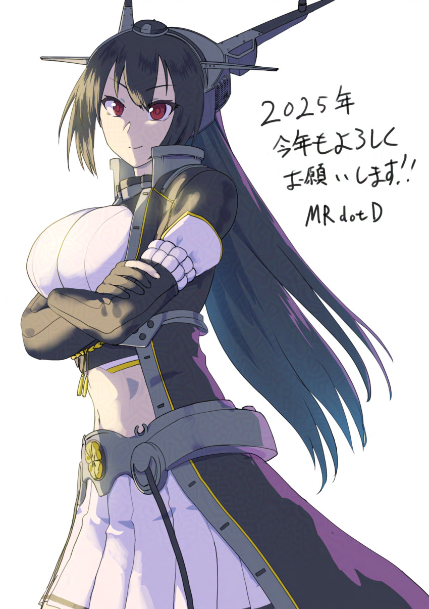 1girl black_coat black_gloves black_hair breasts coat elbow_gloves gloves hair_between_eyes headgear highres kantai_collection large_breasts long_coat long_hair metal_belt miniskirt mrdotd nagato_(kancolle) nagato_kai_ni_(kancolle) partially_fingerless_gloves pleated_skirt red_eyes skirt smile solo translation_request very_long_hair white_skirt