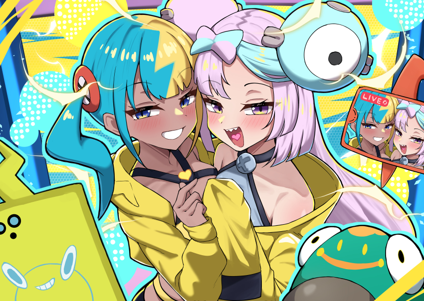 2girls absurdres bellibolt blonde_hair blue_eyes blue_hair blush canari_(pokemon) clenched_teeth dark-skinned_female dark_skin finger_heart gen_1_pokemon gen_4_pokemon hashira_14 heart heart_in_mouth highres iono_(pokemon) jacket livestream long_sleeves magnemite multicolored_hair multiple_girls nintendo open_mouth pink_hair pokemon pokemon_legends:_z-a pokemon_sv purple_eyes rotom rotom_phone sharp_teeth teeth two-tone_hair yellow_jacket