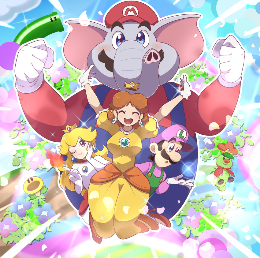 2girls 3boys blonde_hair blue_eyes breasts brooch brown_hair bubble bubble_luigi closed_eyes crown dress earrings elephant_mario facial_hair fire fire_peach flower_earrings gloves grass grin hat highres inchworm_pipe jewelry jump long_hair looking_at_viewer luigi mario mario_(series) medium_breasts multiple_boys multiple_girls mustache nintendo one_eye_closed orange_dress power-up prince_florian princess_daisy princess_peach puffy_short_sleeves puffy_sleeves saon101 short_sleeves smile super_mario_bros._wonder talking_flower_(mario) tomboy warp_pipe wink