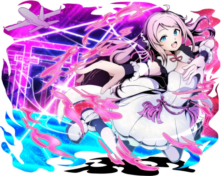 1girl 3nu_m absurdres aircraft airplane blue_eyes bun_cover cleavage_cutout clothing_cutout commentary double_bun dress fire floating_hair foreshortening full_body hair_bun highres jet_airliner legs_up long_hair love_live! love_live!_nijigasaki_high_school_idol_club love_live!_nijigasaki_high_school_idol_club_the_movie_-_finale mandarin_collar medium_dress mole mole_under_eye multiple_torii official_alternate_costume outstretched_arm phoenix_(love_live!) pink_fire pink_hair shoes sidelocks sleeveless sleeveless_dress solo stairs swept_bangs torii white_dress white_shoes zhong_lanzhu