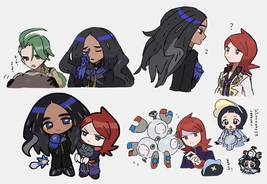 1boy 3girls :o ? ahoge black_gloves black_hair blue_gloves chibi clodsire closed_eyes collared_shirt cowlick dark-skinned_female dark_skin eneko_(olavcnkrpucl16a) flying_sweatdrops game_freak geeta_(pokemon) gen_1_pokemon gen_2_pokemon glimmet gloves green_hair highres jacket long_hair long_sleeves magnemite magneton multiple_girls multiple_views necktie nintendo official_alternate_costume on_head open_mouth pokemon pokemon_(creature) pokemon_hgss pokemon_masters_ex pokemon_on_head pokemon_sv poppy_(pokemon) purple_necktie red_hair rika_(pokemon) shirt silver_(champion)_(pokemon) silver_(pokemon) sneasel standing translation_request white_jacket