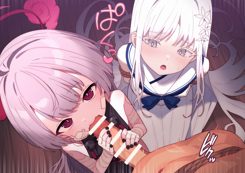 1boy 2girls bandaged_arm bandages bar_censor black_nails blue_archive censored commentary_request fellatio gauze gauze_on_cheek grey_eyes grey_hair halo hetero highres loli long_hair looking_at_viewer multiple_girls nagusa_(blue_archive) nail_polish open_mouth oral paid_reward_available penis penis_grab pov pov_crotch purple_eyes purple_halo robo_mikan shuro_(blue_archive) sound_effects thick_eyelashes variant_set white_hair