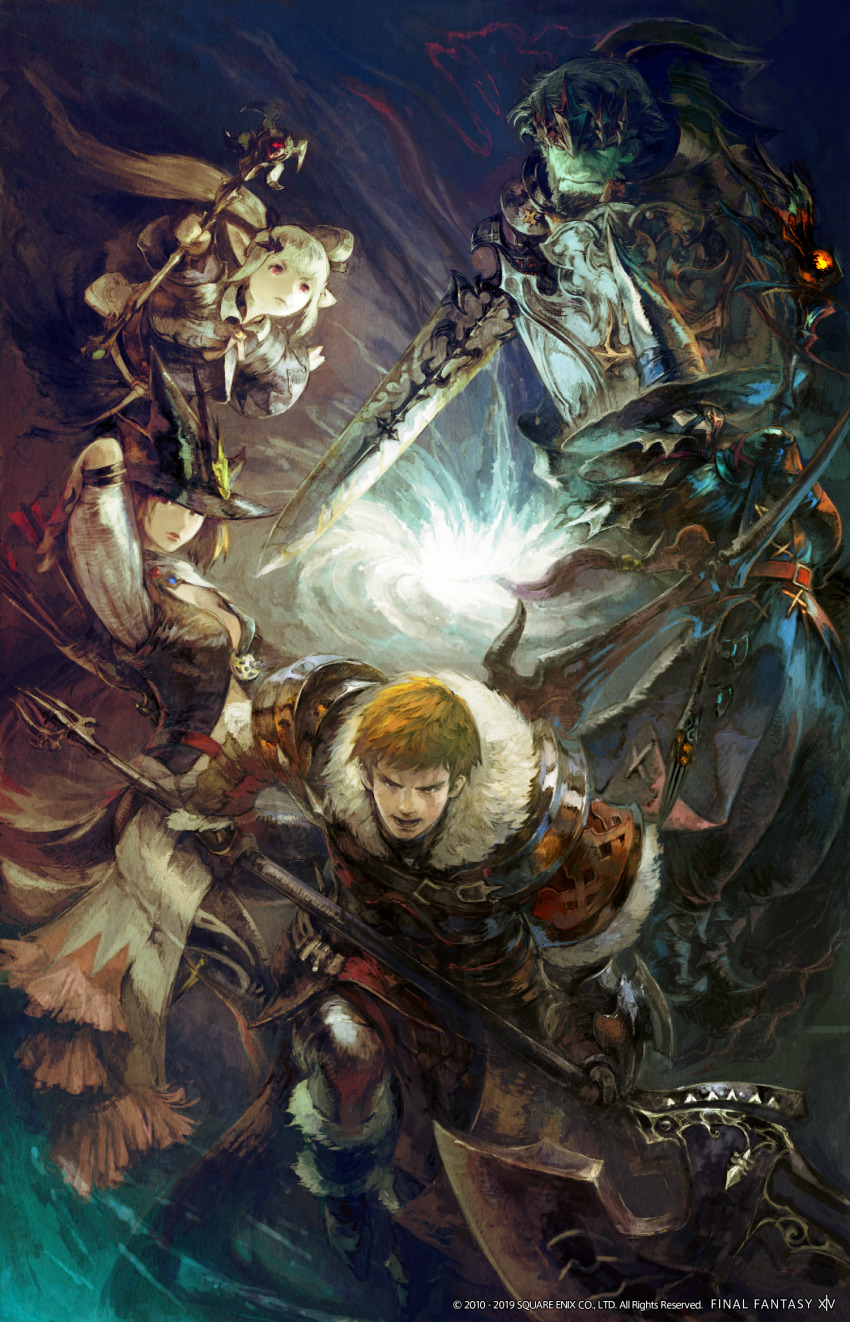 2girls 3boys animal_ears ardbert_hylfyst arm_up armor arrow_(projectile) artist_request axe bard_(final_fantasy) belt black_coat black_footwear black_headwear black_mage_(final_fantasy) black_robe blonde_hair boots branden_(ff14) breasts brown_hair cat_ears charging_forward chest_belt circlet cleavage coat colored_skin copyright_name copyright_notice covered_mouth crossed_arms elezen elf final_fantasy final_fantasy_xiv fur_trim gauntlets green_skin hair_ornament hat hatching_(texture) highres holding holding_axe holding_shield holding_staff holding_sword holding_weapon hyur lalafell lamitt leg_up long_hair long_sleeves looking_at_viewer mask miqo&#039;te mouth_mask multiple_boys multiple_girls neck_ribbon nyelbert official_art one_eye_covered open_mouth outstretched_arms paladin_(final_fantasy) pauldrons pointy_ears quiver red_eyes renda-rae ribbon robe roegadyn serious shield short_hair shoulder_armor spread_arms staff sword twintails v-shaped_eyebrows warrior_(final_fantasy) weapon white_mage_(final_fantasy) wide_sleeves witch_hat
