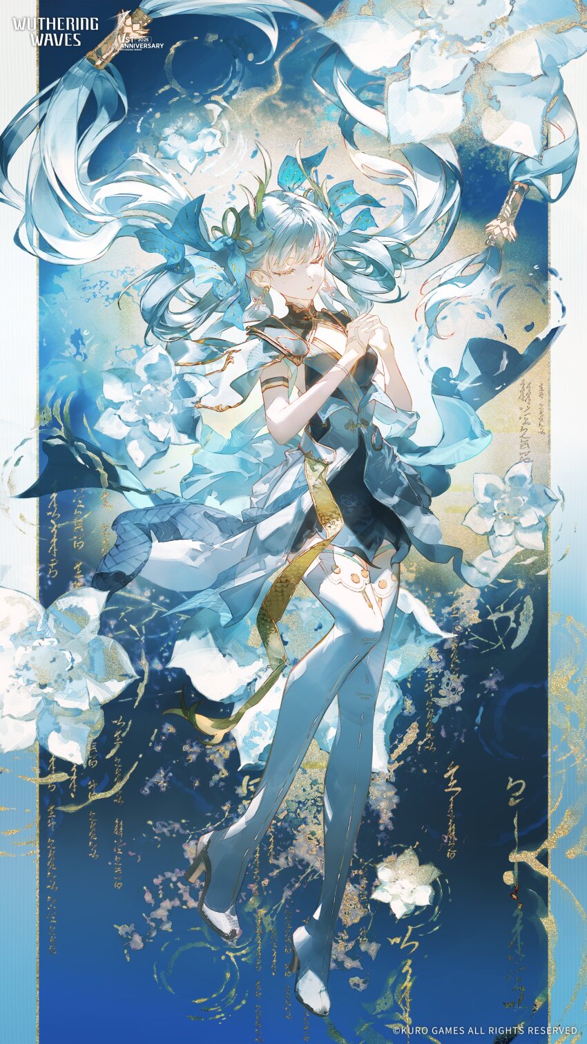 1girl absurdres black_collar black_dress boots bow closed_eyes coat collar commentary copyright_notice dress earrings eastern_dragon_horns english_commentary floating_hair full_body hair_bow highres horns jewelry jinhsi_(wuthering_waves) logo long_hair multiple_hair_bows official_art own_hands_clasped own_hands_together satsuya second-party_source solo thigh_boots very_long_hair white_boots white_bow white_coat white_hair wuthering_waves yellow_horns