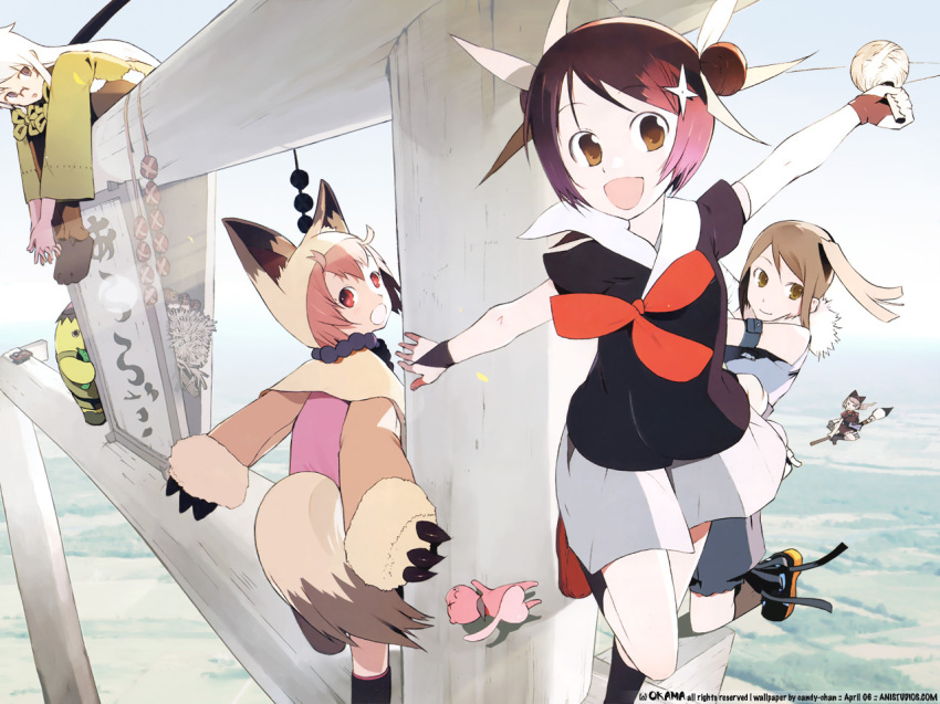 00s 1boy 4girls animal_ears antenna_hair armband azami azami_(himawari) beads bent_over blue_eyes bridal_gauntlets broom broom_riding brown_eyes brown_hair child claws double_bun everyone glasses hair_bun hair_ribbon hat himawari himawari! hinata_himawari jewelry kappa leg_lift long_hair looking_back momota multiple_girls necklace ninja okama open_mouth orange_eyes outstretched_arms own_hands_clasped own_hands_together pink_hair purple_hair red_eyes ribbon school_uniform serafuku shikimi shikimi_(himawari) short_hair shuriken side_ponytail skirt smile socks spread_arms tail torii trap weapon white_hair witch yonezawa-kun yusura yusura_(himawari)