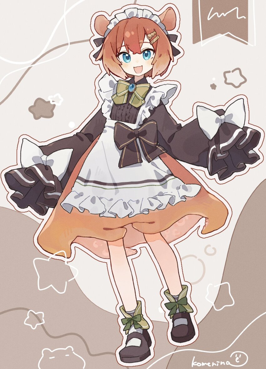 1boy :d a-pose apron artist_name black_bow black_shirt blue_eyes blush bow bowtie brooch brown_background brown_shoes collared_shirt commentary crossdressing crossdressing_(mtf) dot_nose fins footwear_bow frilled_apron frills full_body green_bow green_bowtie hair_between_eyes hair_bow hair_ornament hair_ribbon hairclip head_fins highres jewelry komerina long_sleeves looking_at_viewer maid maid_apron maid_headdress male_focus male_maid mary_janes medium_hair mendaku_(komerina) octopus_boy open_mouth orange_hair orange_skirt original personification puffy_long_sleeves puffy_sleeves ribbon shirt shoes sidelocks skirt sleeves_past_fingers sleeves_past_wrists smile solo standing star_(symbol) suction_cups trap two-tone_background umbrella_octopus unconventional_maid waist_apron white_apron white_background white_bow white_headdress