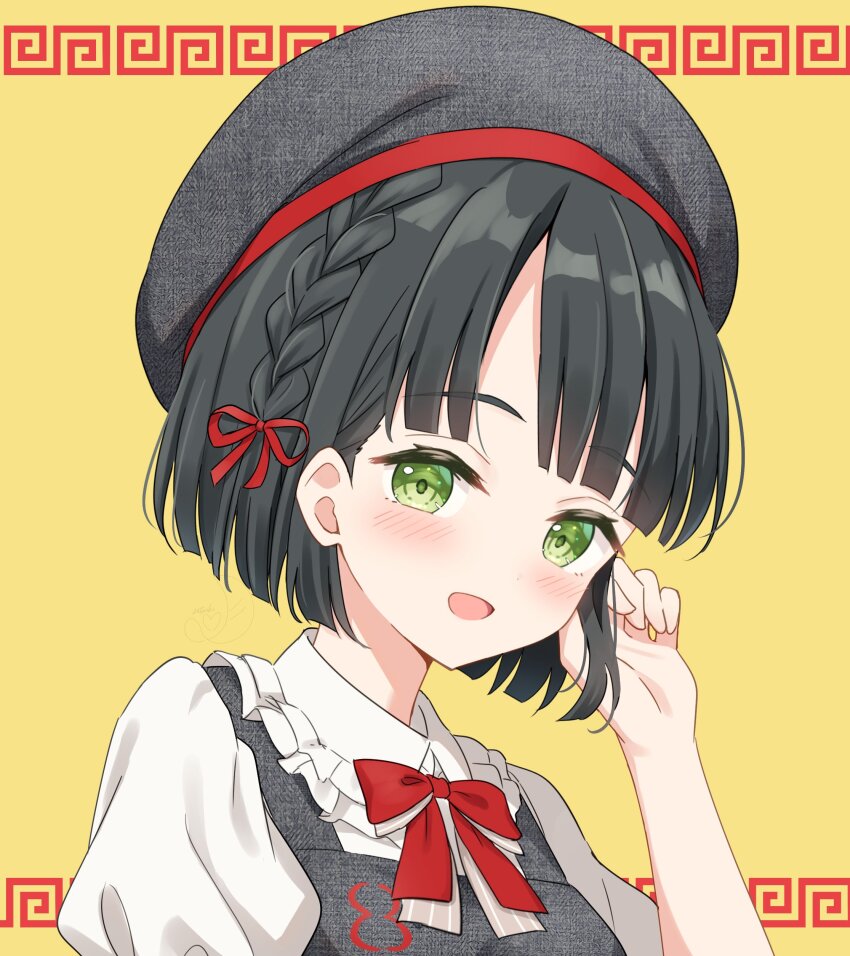 1girl :d absurdres apron beret black_hair blunt_bangs blush braid collared_shirt commentary_request frilled_shirt_collar frills green_eyes grey_apron grey_hat hachiban_ramen hachiban_ramen_uniform hanazora_satsuki hat highres link!_like!_love_live! looking_at_viewer love_live! meandros momose_ginko neck_ribbon official_alternate_costume open_mouth puffy_short_sleeves puffy_sleeves red_ribbon ribbon shirt short_hair short_sleeves side_braids smile solo upper_body virtual_youtuber white_shirt yellow_background