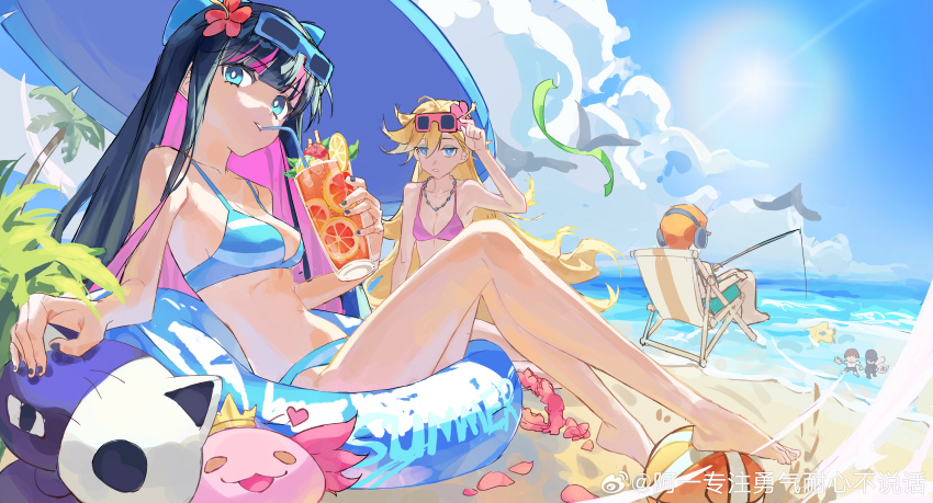 1boy 2girls a_yi_zhuanzhu_yongqi_naixin_bu_shuohua absurdres adjusting_eyewear aqua_male_swimwear ball bare_arms bare_legs bare_shoulders barefoot beach beach_chair beach_umbrella bead_necklace beads bikini black_hair black_headphones black_nails blonde_hair blue-framed_eyewear blue_bikini blue_bow blue_eyes blue_innertube blue_sky blue_umbrella bow breasts brief_(psg) bright_pupils cleavage cloud colored_inner_hair expressionless eyelashes eyewear_on_head feet fishing fishing_rod flower full_body hair_between_eyes hair_bow hair_flower hair_ornament hibiscus highres holding holding_fishing_rod honekoneko_(psg) jewelry long_hair long_sidelocks male_swimwear medium_breasts multicolored_hair multiple_girls nail_polish necklace on_chair on_innertube orange_hair outdoors pale_skin palm_tree panty_&amp;_stocking_with_garterbelt panty_(psg) parted_lips pink-framed_eyewear pink_bikini pink_hair red_flower sand shore short_hair sidelocks sitting sky stocking_(psg) stomach straight_hair striped_bikini striped_clothes stuffed_animal stuffed_axolotl stuffed_cat stuffed_toy summer sun sunglasses swim_trunks swimsuit teeth toes topless_male tree umbrella very_long_hair volleyball_(object) watermark weibo_watermark white_pupils