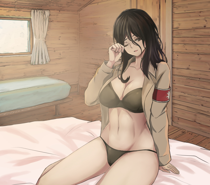 1girl armband bed bedroom black_bra black_hair black_panties bra breasts cleavage collarbone grey_eyes grey_jacket hand_up highres indoors jacket large_breasts long_hair looking_at_viewer marley_military_uniform messy_hair navel on_bed one_eye_closed open_clothes open_jacket panties parted_lips pieck_finger red_armband shingeki_no_kyojin sitting solo stomach thighs underwear waking_up window zone25388591