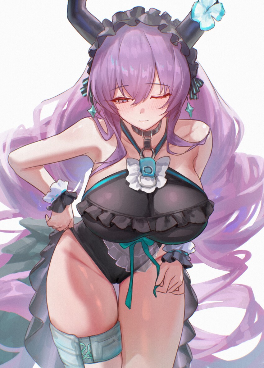 1girl absurdres animal_ears aqua_bow aqua_ribbon arknights bare_shoulders black_choker black_hairband black_horns black_one-piece_swimsuit black_tail bow bracelet breasts choker closed_mouth collarbone commentary cowboy_shot expressionless feet_out_of_frame frilled_bracelet frilled_hairband frilled_one-piece_swimsuit frills hair_between_eyes hair_spread_out hairband highres horns jewelry large_breasts long_hair looking_down official_alternate_costume one-piece_swimsuit one_eye_closed purple_hair red_eyes ribbon sidelocks simple_background solo standing swimsuit tail thigh_strap typhon_(arknights) typhon_(temperature_difference)_(arknights) uof very_long_hair white_background