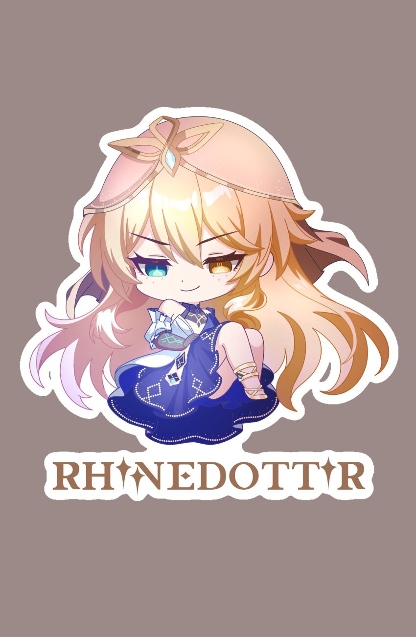 1girl blonde_hair character_name chibi commentary dress english_commentary english_text full_body genshin_impact gradient_hair hair_between_eyes heterochromia highres hood long_hair long_sleeves multicolored_hair outline pearlgodaymen rhinedottir_(genshin_impact) simple_background smile solo symbol-shaped_pupils veil white_outline white_veil yellow_eyes