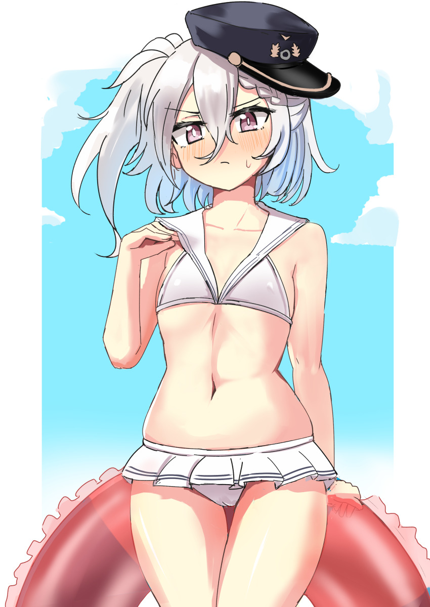 absurdres azur_lane bikini bikini_skirt black_hat blue_sky cloud commentary_request cosplay ereka flat_chest hat highres innertube kantai_collection looking_at_viewer one_side_up peaked_cap purple_eyes sailor_bikini sailor_collar short_braid sky swim_ring swimsuit thigh_gap white_hair white_sailor_collar z1_leberecht_maass_(azur_lane) z1_leberecht_maass_(kancolle) z1_leberecht_maass_(kancolle)_(cosplay) z1_leberecht_maass_(swimsuit)_(kancolle)