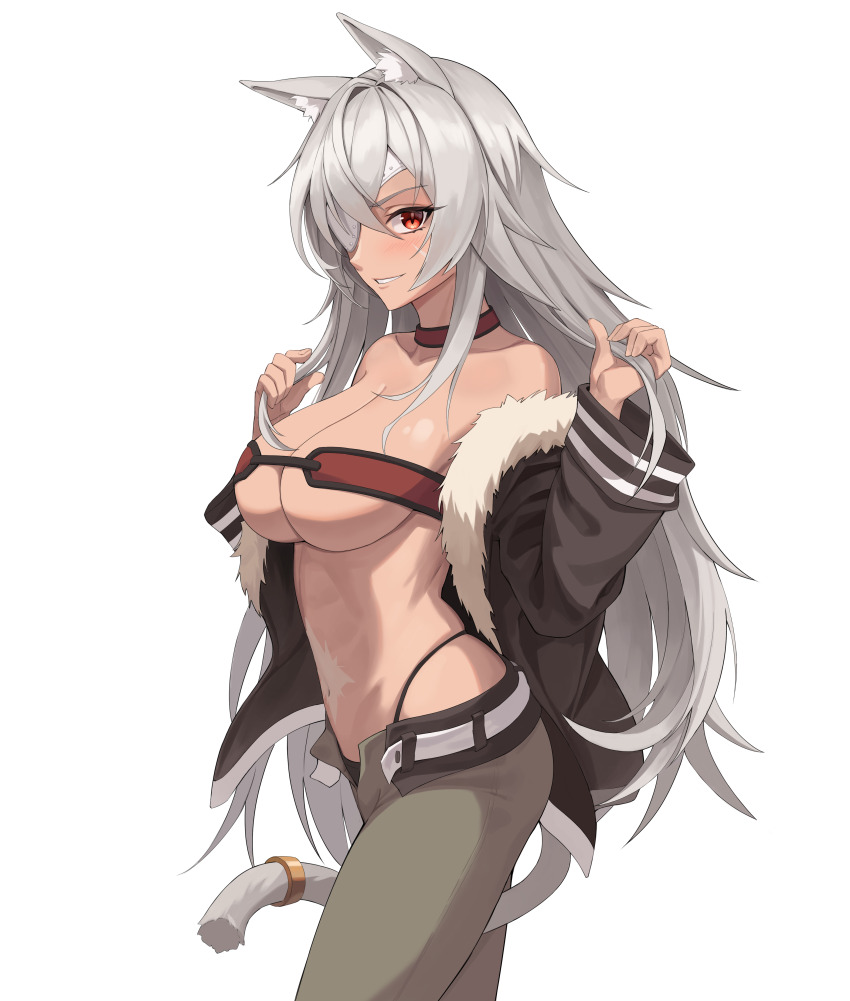 1girl abs absurdres aki_(user_mxzg2544) animal_ears belt breasts brown_jacket choker fur-trimmed_jacket fur_trim ghislaine_dedoldia green_pants grey_hair highleg highleg_panties highres jacket large_breasts long_hair muscular muscular_female mushoku_tensei one-eyed open_belt open_pants panties pants red_choker red_eyes scar scar_on_stomach simple_background solo tail tail_ornament tail_ring underwear white_background