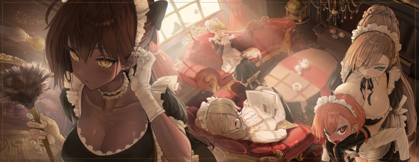 akane_(blue_archive) apron asuna_(blue_archive) black_hair blonde_hair blue_archive blue_eyes braid breasts brown_hair cleavage dark-skinned_female dark_skin dress frilled_apron frills glasses gloves hair_between_eyes hair_over_one_eye highres karin_(blue_archive) long_hair maid maid_apron maid_headdress mole mole_on_breast mole_under_eye neru_(blue_archive) open_mouth phoebe_(user_vvpf4584) puffy_short_sleeves puffy_sleeves red_eyes short_sleeves toki_(blue_archive) white_apron white_gloves yellow_eyes