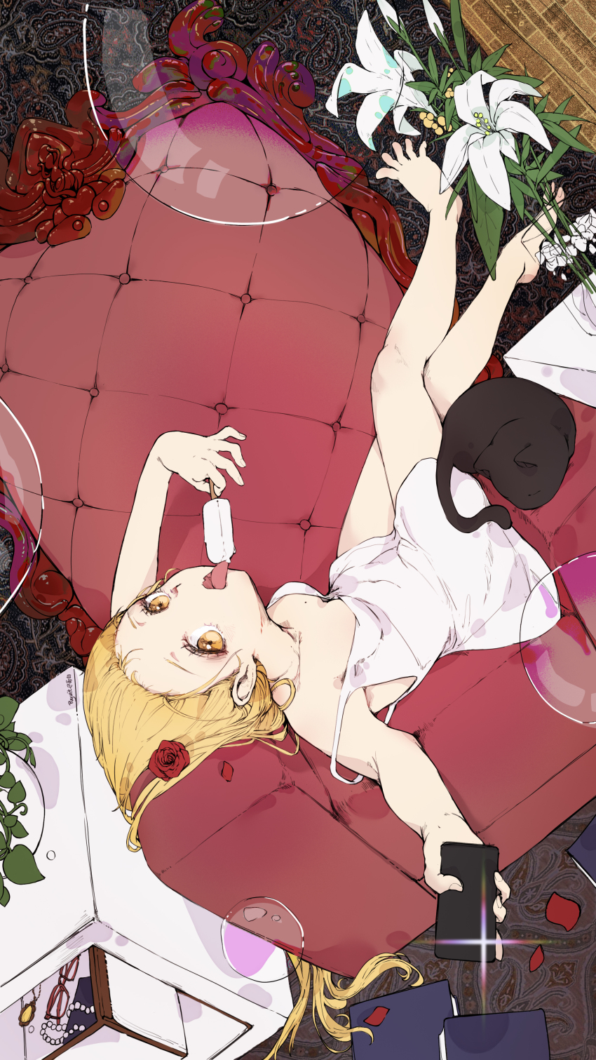 1girl absurdres alternate_costume bare_legs barefoot black_cat blonde_hair breasts cat cellphone chair chinese_commentary commentary_request dress dutch_angle flower food forehead fujita_kotone gakuen_idolmaster highres holding holding_food holding_ice_cream holding_phone ice_cream ice_cream_bar idolmaster indoors legs_up lily_(flower) looking_at_viewer lying on_back on_chair petals phone pugwit rose_petals sleeveless sleeveless_dress small_breasts solo spread_toes toes tongue tongue_out white_dress yellow_eyes