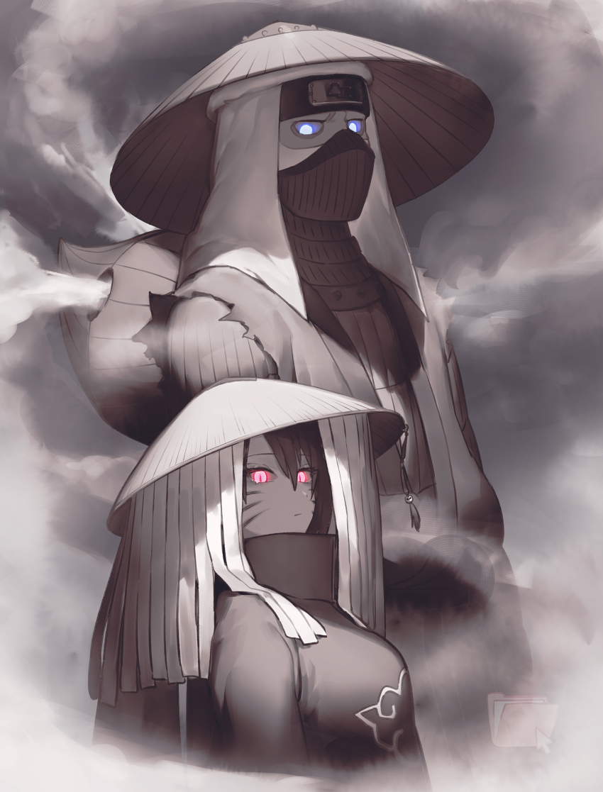 1boy 1girl akatsuki_(naruto) akatsuki_uniform bad_id bad_pixiv_id black_headband blue_eyes closed_mouth facial_mark female_focus file-mei genderswap genderswap_(mtf) glowing glowing_eyes hair_between_eyes han_(naruto) hat headband highres mask mouth_mask naruko_(naruto) naruto:_road_to_ninja naruto_(classic) naruto_(series) naruto_shippuuden red_eyes slit_pupils solo steam torn_clothes whisker_markings