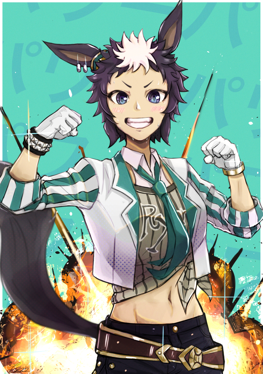 1girl absurdres animal_ears belt black_shorts blue_eyes blush bracelet breasts brown_belt brown_hair clenched_hands clothes_writing commentary cowboy_shot cropped_jacket detached_collar ear_ornament ear_piercing explosion flexing glint gloves green_background green_necktie grin groin highres horse_ears horse_girl horse_tail jacket looking_at_viewer mejiro_ryan_(umamusume) midriff multicolored_hair nankou_(koutanan) navel necktie open_clothes open_jacket piercing shirt short_hair shorts sidelocks smile solo standing striped_clothes striped_jacket studded_bracelet sweat tail teeth tied_shirt two-tone_hair umamusume vertical-striped_clothes vertical-striped_jacket white_gloves white_hair white_jacket