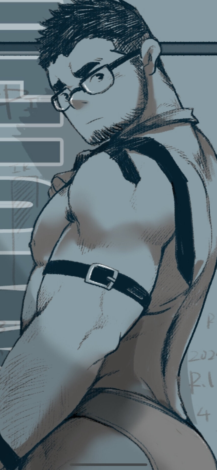 1boy arm_belt ass bara beard_stubble black_hair blush collared_shirt cowboy_shot facial_hair glasses greyscale highres light_frown looking_at_viewer looking_back male_focus monochrome necktie_over_shoulder original pectoral_cleavage pectorals r.l_(2089184064) shirt short_hair solo stubble thick_eyebrows upper_body