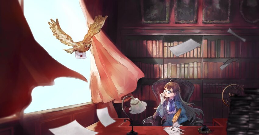1girl adjusting_eyewear ahoge armchair bird blue_bow blue_bowtie blue_dress book book_stack bookshelf bow bowtie braid brown_hair chair cuff_links curtains desk_lamp dress eyewear_strap flying_paper glasses gloves half_up_braid holding holding_letter holding_quill inkwell juliet_sleeves lamp letter lips long_hair long_sleeves looking_at_animal looking_to_the_side looking_up mole mole_under_mouth num_(zombie_headline) open_window original owl paper parted_lips picture_frame portrait_(object) puffy_sleeves quill shirt short_bangs solo table upper_body white_gloves white_shirt wind window writing