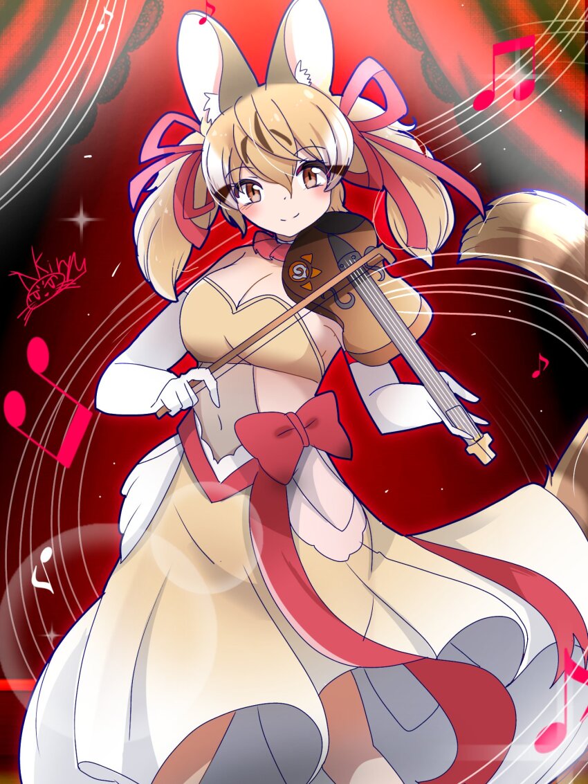 1girl animal_ears bow_(music) brown_eyes brown_hair cat_ears cat_girl cat_tail choker dress elbow_gloves extra_ears gloves highres instrument kemono_friends kemono_friends_v_project kiryu_(rnrwbhybsxj4qgk) large-spotted_genet_(kemono_friends) long_hair looking_at_viewer red_background ribbon simple_background solo tail twintails violin virtual_youtuber