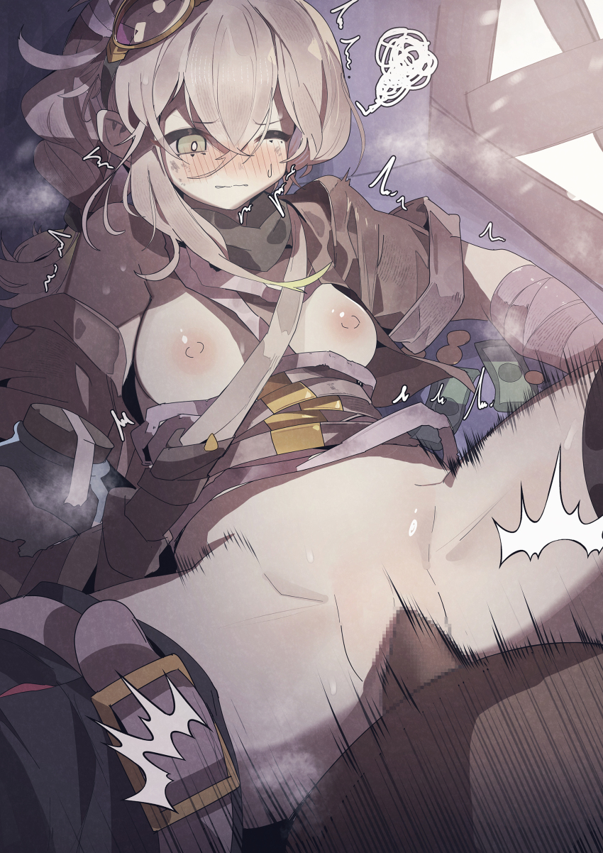 1boy 1girl absurdres astellar_of_the_white_forest black_thighhighs blonde_hair blush breasts clothed_female_nude_male clothed_sex clothing_aside duel_monster goggles goggles_on_head hair_ornament highres indoors jacket like_the_diabell long_hair medium_breasts nipples nude one_eye_closed open_clothes open_jacket pink_ribbon ribbon ro_g_(oowack) sex solo_focus spread_legs thighhighs vaginal yellow_eyes yu-gi-oh!