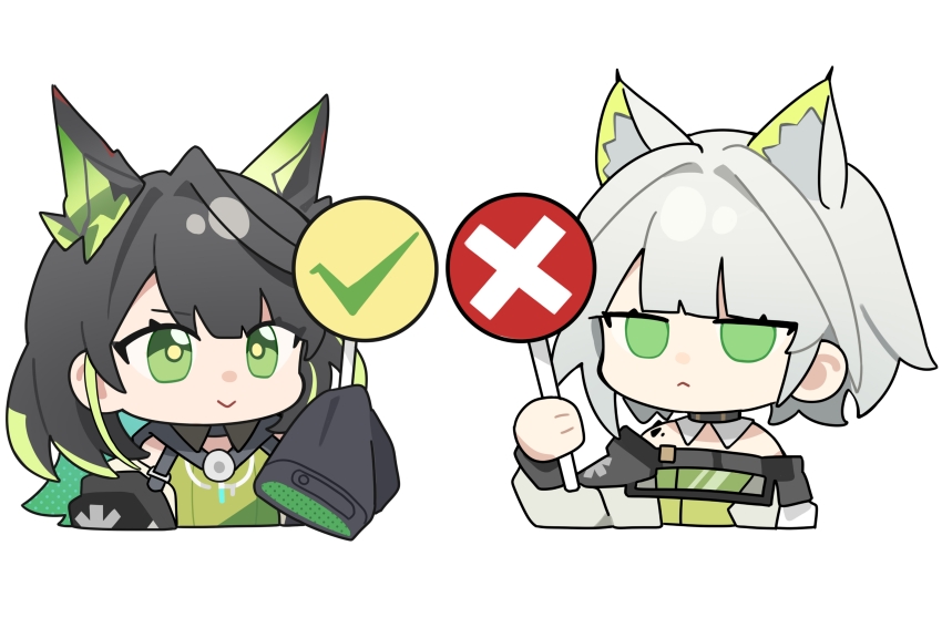 2girls :&lt; absurdres animal_ears arknights black_hair cat_ears cat_girl chibi chinese_commentary closed_mouth commentary_request green_eyes green_hair highres holding holding_sign kal&#039;tsit_(arknights) long_sleeves material_growth mon3tr_(arknights) multiple_girls off_shoulder oripathy_lesion_(arknights) sign simple_background sleeves_past_fingers sleeves_past_wrists upper_body white_background wwfo_2