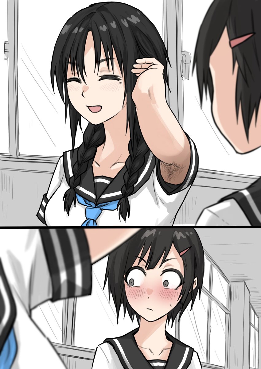 2girls absurdres arm_up armpit_hair armpits black_hair black_sailor_collar blue_neckerchief blush braid closed_eyes closed_mouth collarbone comic constricted_pupils fuku_(fuku12290574) hair_ornament hairclip hallway highres indoors long_hair low_twin_braids mole mole_under_eye multiple_girls neckerchief sailor_collar school school_uniform shirt short_hair short_sleeves sweatdrop twin_braids white_shirt window