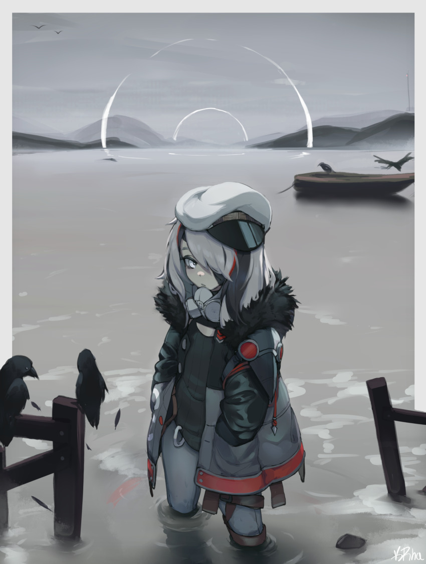 1girl absurdres bird black_shirt boots canoe closed_mouth coat crow denim falling_feathers feathers gas_mask grey_sky hair_over_one_eye hands_in_pockets hat highres jeans k-rha&#039;s looking_at_viewer mask mountainous_horizon multicolored_hair open_clothes open_coat original outdoors oversized_clothes pants plague_doctor_mask sailor_hat shirt sky wading water white_headwear