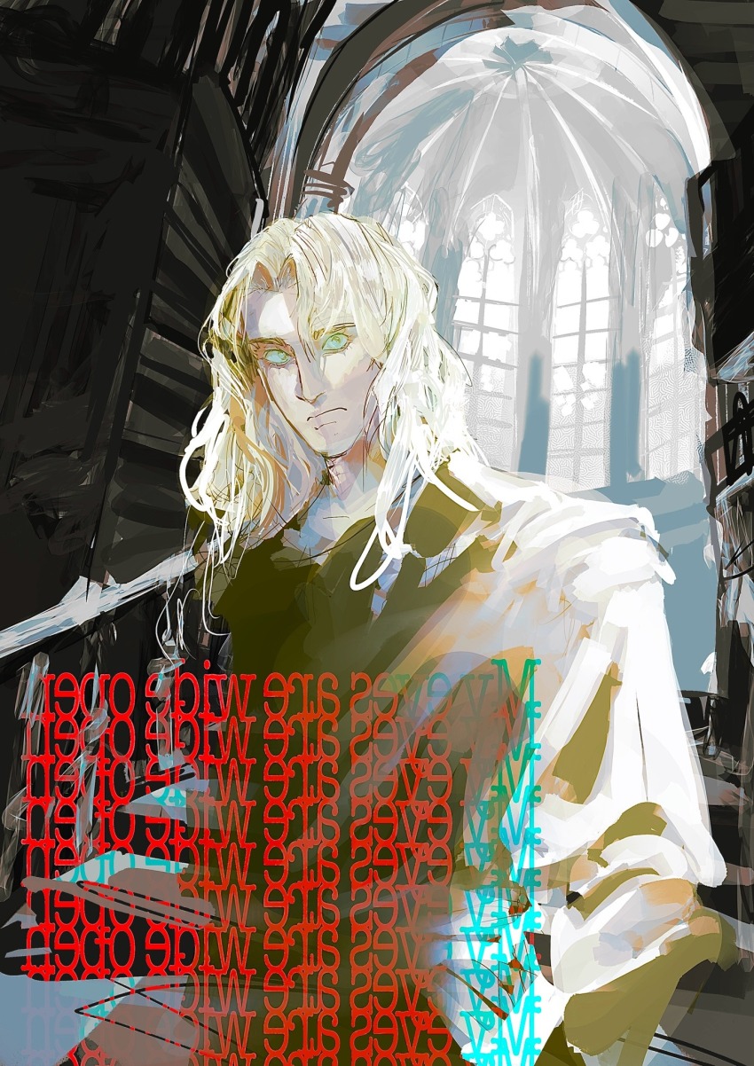 1boy backwards_text blue_eyes church english_text frown gabriel_(mandela_catalogue) highres mandela_catalogue no_pupils pale_skin rhroup robe solo white_hair white_robe