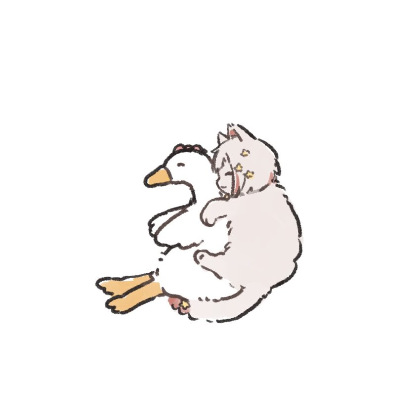 animal_focus ao_kaeru cat closed_eyes closed_mouth grey_cat hair_ornament highres hugging_object link!_like!_love_live! love_live! no_humans peking_duck_(love_live!) simple_background smile star_(symbol) star_hair_ornament stuffed_animal stuffed_bird stuffed_chicken stuffed_toy virtual_youtuber white_background yugiri_tsuzuri