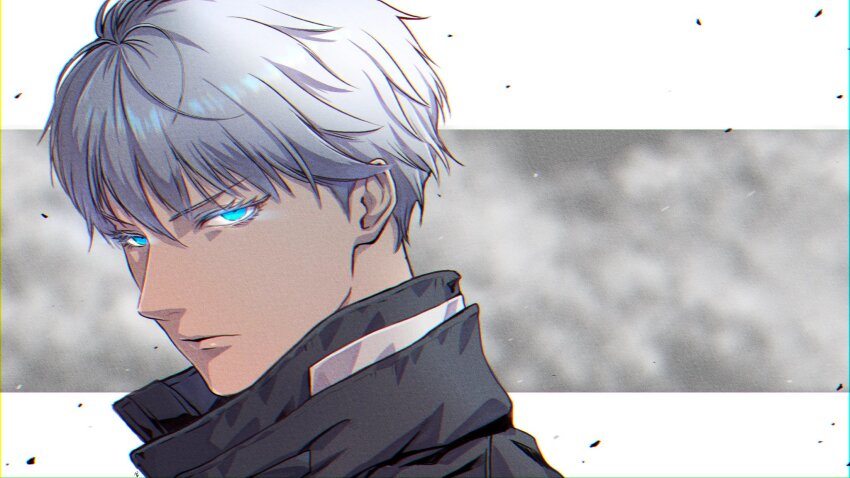 1boy black_coat blue_eyes closed_mouth coat from_side glowing glowing_eyes goddess_of_victory:_nikke grey_hair highres johan_(nikke) looking_at_viewer portrait solo yatukian