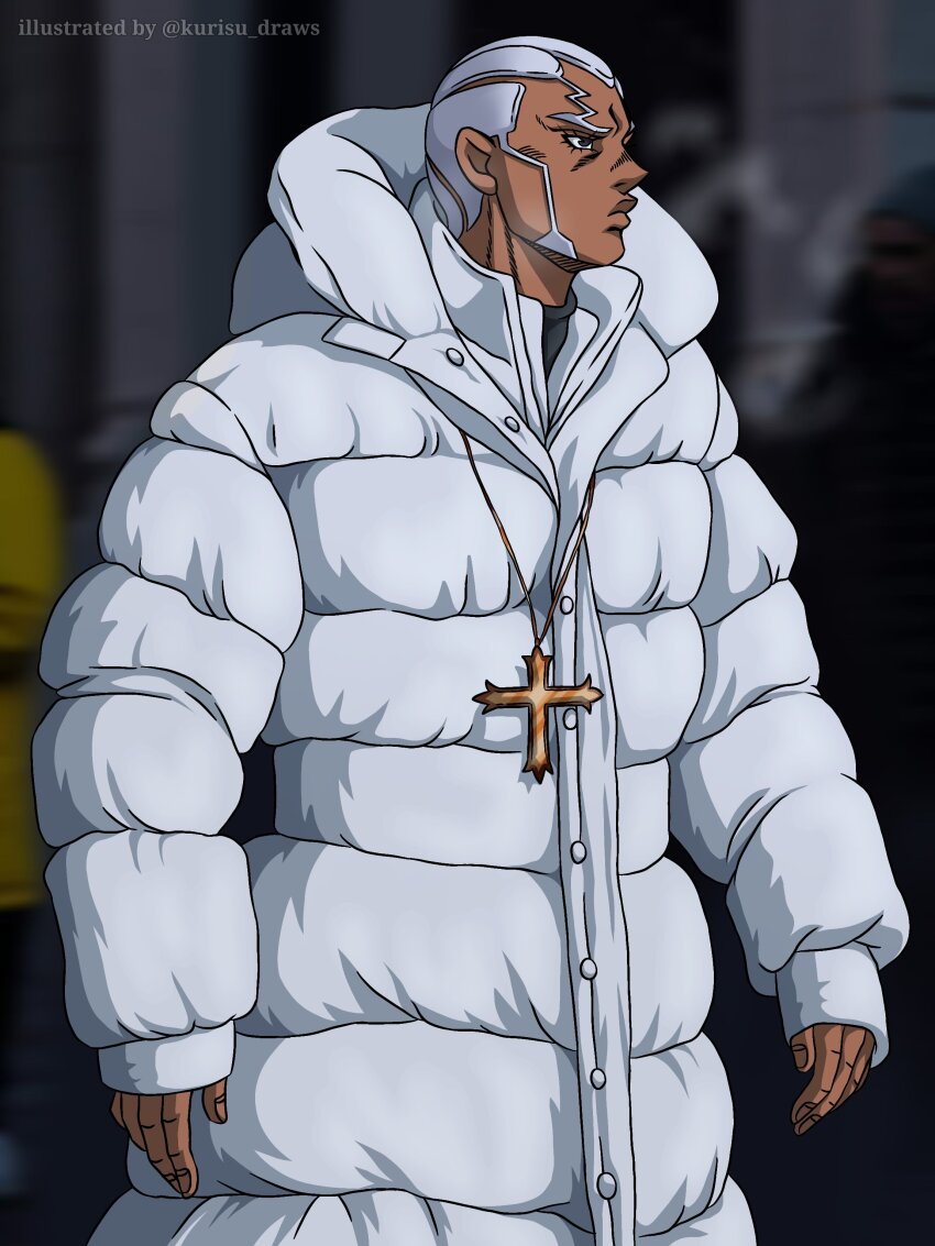 1boy absurdres ai-generated_art_(topic) comic cross cross_patonce dark_skin enrico_pucci greyscale highres hood hood_down hooded_jacket jacket jewelry jojo_no_kimyou_na_bouken jojo_pose kurisu_draws long_coat long_jacket monochrome necklace photo_background real_life short_hair solo stone_ocean white_hair white_jacket
