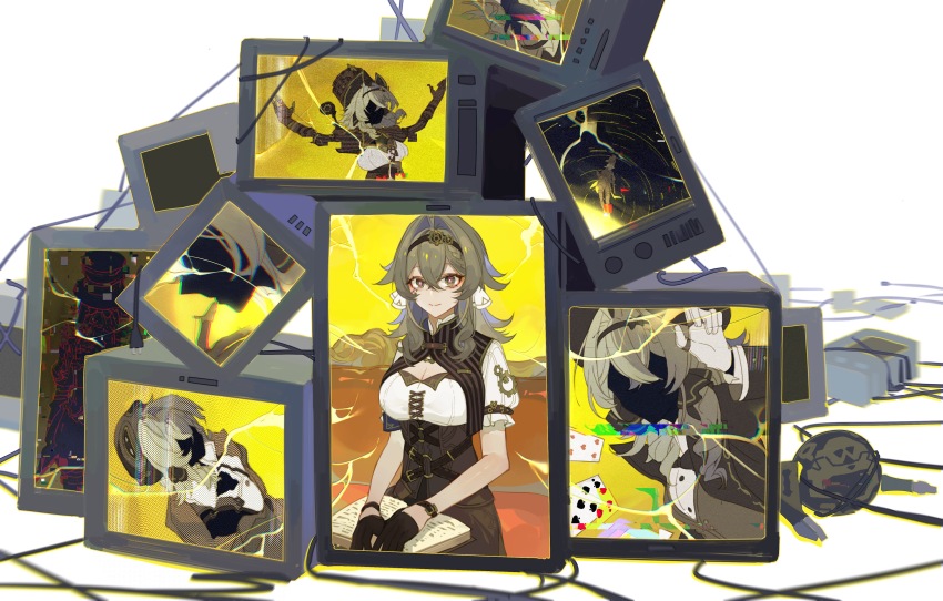 1girl absurdres black_gloves black_hairband book breasts broken_screen brown_dress brown_gloves brown_hair brown_vest card chinese_commentary cleavage commentary_request dress glitch gloves hair_intakes hairband hat highres honkai_(series) honkai_impact_3rd large_breasts multiple_views nnikko open_book simple_background sitting television top_hat vest vill-v white_background white_gloves
