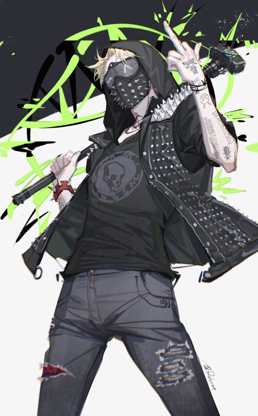 1boy arm_tattoo arm_up black_hood black_jacket black_pants black_shirt blonde_hair bracelet commentary cropped_legs denim exclusiverobert goggles graffiti hammer hashtag-only_commentary high_collar highres holding holding_hammer holding_weapon hood hood_up jacket jeans jewelry leather leather_jacket male_focus mask middle_finger mouth_mask multiple_tattoos one_eye_closed open_clothes open_jacket over_shoulder pants print_shirt shirt short_sleeves simple_background skull_print sledgehammer solo spiked_bracelet spiked_jacket spiked_mask spikes straight-on studded_jacket t-shirt tattoo tight_clothes tight_pants torn_clothes torn_jeans torn_pants watch_dogs watch_dogs_2 weapon weapon_over_shoulder wrench_(watch_dogs)