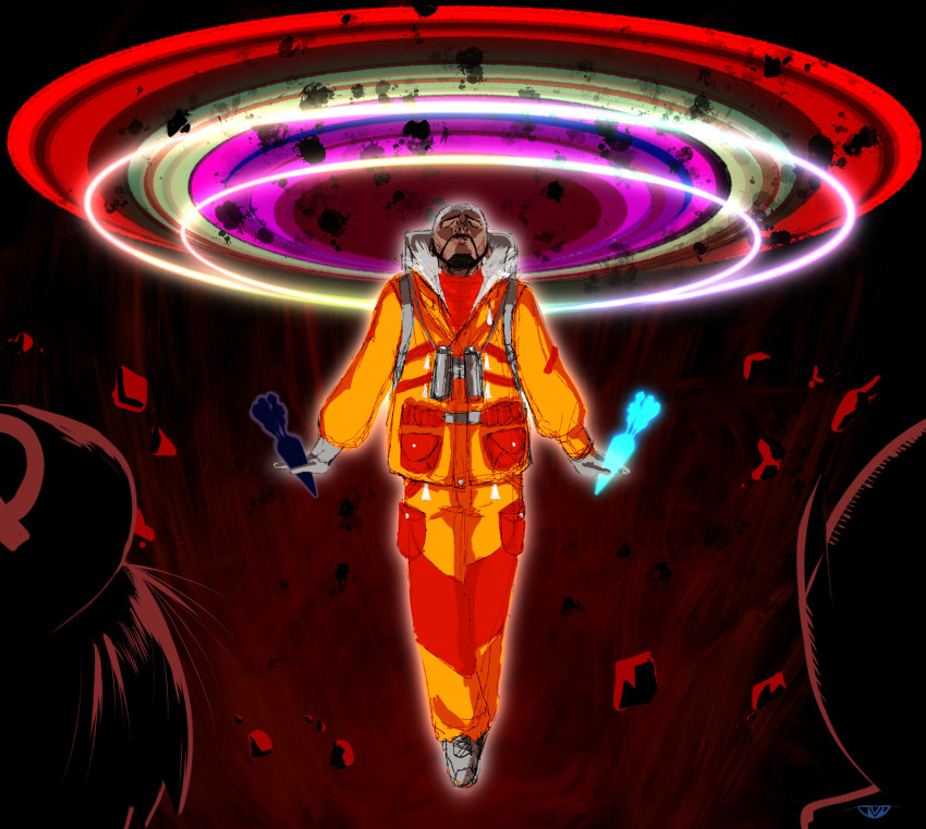 1boy 1girl 1other aura backpack bag beard bob_cut calyrex cosmo_(465lilia) dark_skin destruction epic evangelion:_3.0_you_can_(not)_redo expedition_uniform explosion facial_hair floating food gen_8_pokemon gloria_(pokemon) gloves halloween_costume halo hat highres holding holding_food holding_vegetable jacket legendary_pokemon looking_at_another mustache neon_genesis_evangelion nintendo orange_jacket orange_pants pants parody peony_(pokemon) pokemon pokemon_(creature) pokemon_swsh rebuild_of_evangelion ribbon shaded_face short_hair sky vegetable very_short_hair what