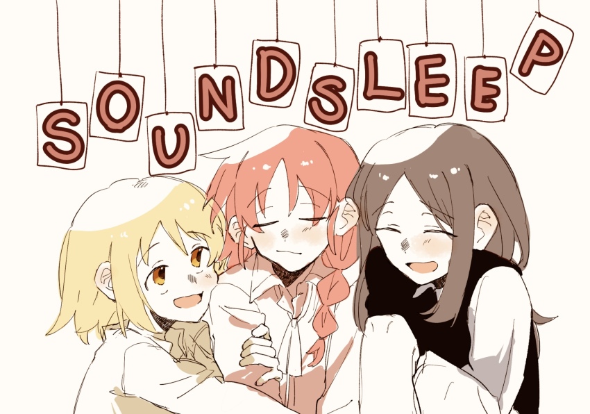 3girls ^_^ awarenahithuji blonde_hair braid closed_eyes collared_shirt commentary futsuu_no_keion-bu group_name highres holding_another&#039;s_arm long_hair looking_at_another multiple_girls neck_ribbon nogi_maika oomichi_yuuki open_mouth orange_eyes orange_hair ribbon shirt short_hair simple_background sweater_vest symbol-only_commentary twin_braids twintails uchida_momo upper_body white_background