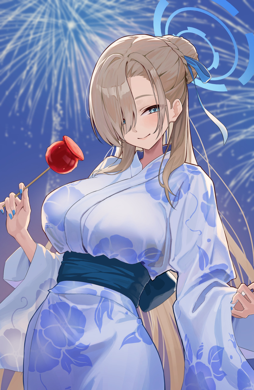 1girl absurdres aerial_fireworks asuna_(blue_archive) blue_archive blue_eyes blue_kimono blue_nails breasts brown_hair candy_apple festival fireworks food hair_bun highres holding holding_candy_apple holding_food japanese_clothes kimono large_breasts long_hair looking_at_viewer obi ojisan_kamo_shiremasen outdoors sash smile solo summer_festival very_long_hair yukata