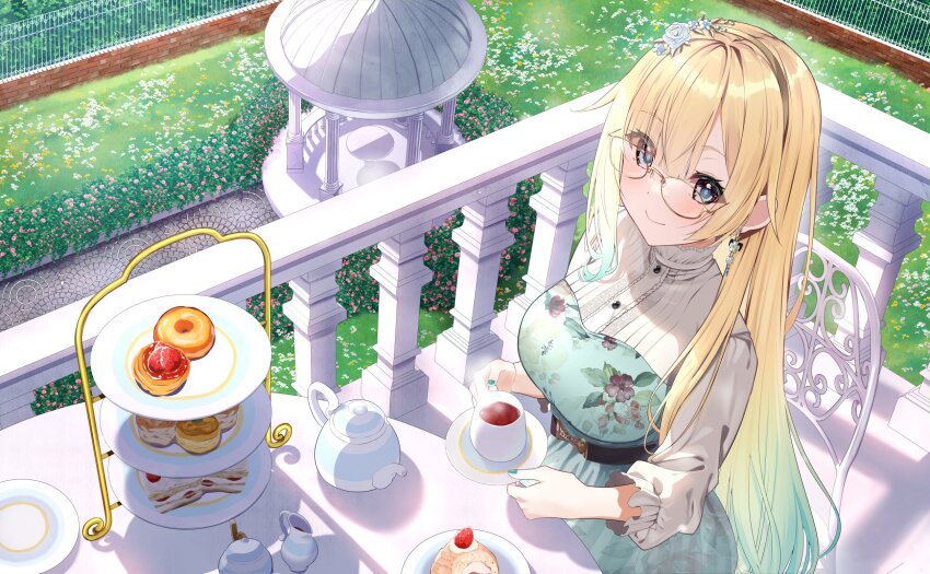 1girl aizawa_ema aizawa_ema_(3rd_costume) aqua_dress aqua_hair aqua_nails balcony bespectacled blonde_hair blue_eyes blush borumete breasts closed_mouth commentary_request cup dress earrings floral_print_dress flower from_above garden gazebo glasses gradient_hair hair_flower hair_ornament highres holding holding_cup holding_saucer jewelry large_breasts long_hair long_sleeves looking_at_viewer multicolored_hair nail_polish official_alternate_costume outdoors round_table saucer shirt smile solo steam table tea teacup teapot tiered_tray virtual_youtuber vspo! white_flower white_shirt yellow-framed_eyewear