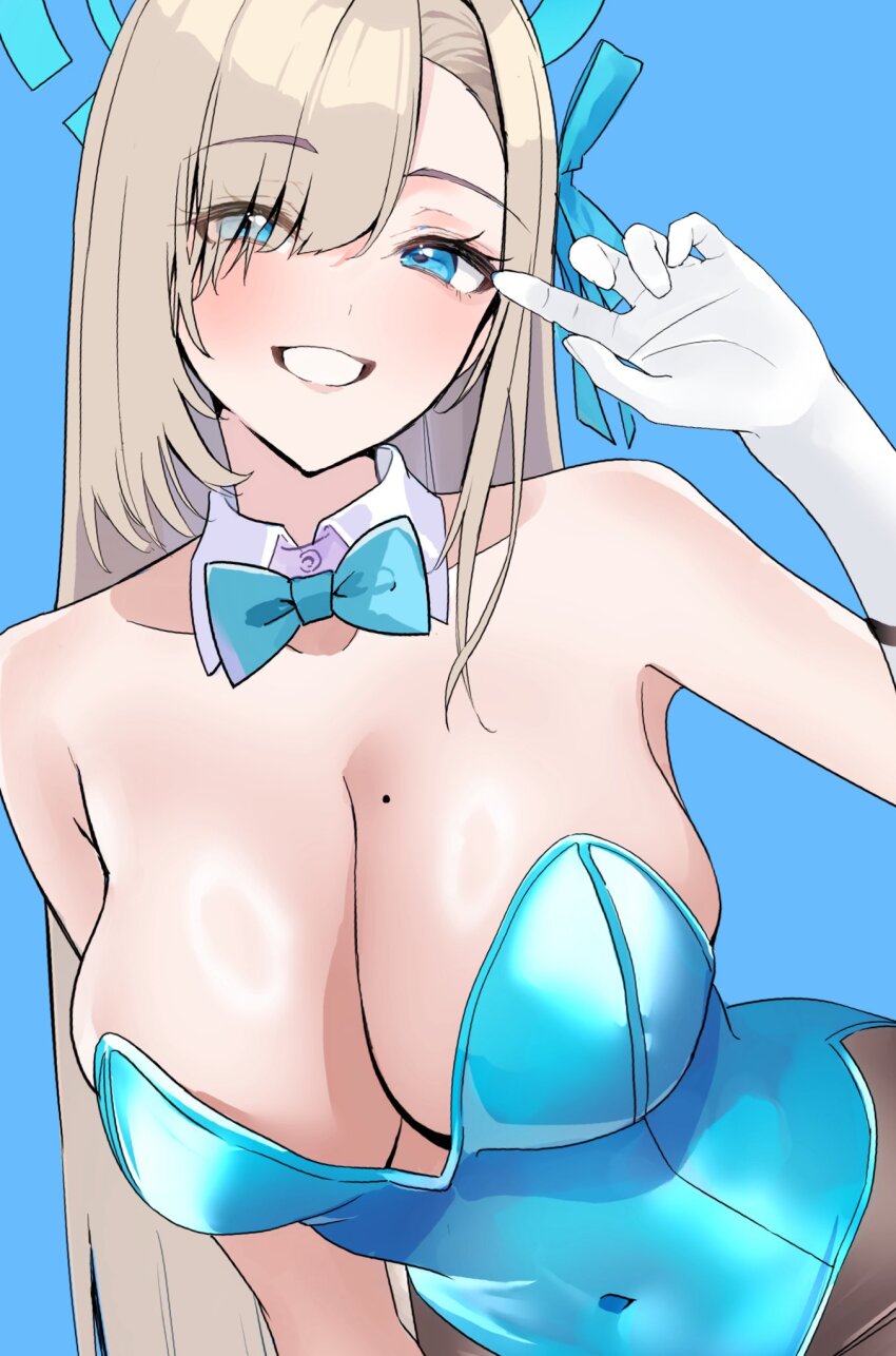 1girl animal_ears aqua_leotard asuna_(blue_archive) asuna_(bunny)_(blue_archive) blonde_hair blue_archive blue_background blue_eyes blue_leotard bow bowtie breasts brown_pantyhose detached_collar fake_animal_ears gloves hair_over_one_eye halo highres large_breasts leotard long_hair looking_at_viewer mole mole_on_breast nakano_kura official_alternate_costume pantyhose playboy_bunny rabbit_ears smile strapless strapless_leotard traditional_bowtie upper_body white_gloves