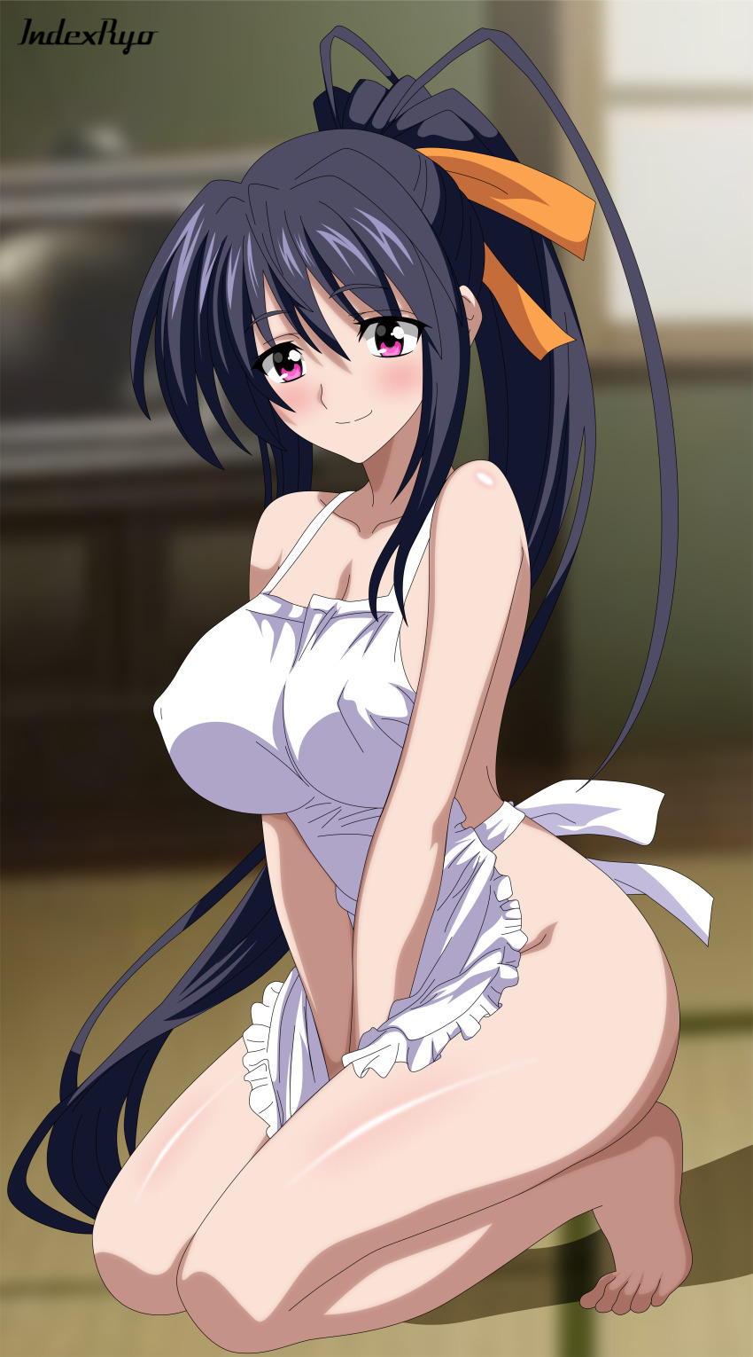 1girl absurdres apron bare_shoulders between_legs blue_hair blurry blurry_background blush bow breasts cleavage covered_erect_nipples hair_bow hair_ornament hand_between_legs high_school_dxd highres himejima_akeno indexxryo indoors large_breasts long_hair looking_at_viewer naked_apron pink_eyes ponytail sitting smile solo very_long_hair wariza