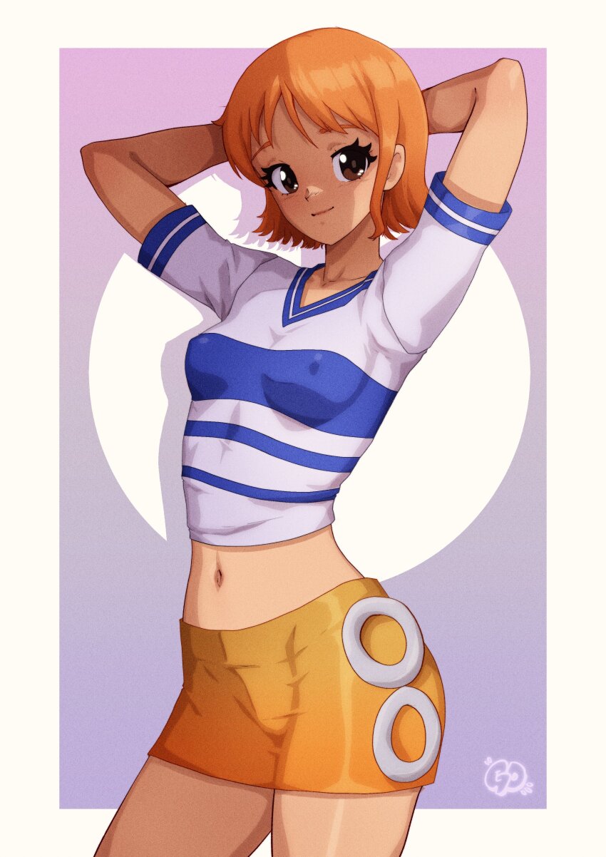 1girl absurdres arms_behind_head artist_logo blue_shirt border breasts brown_eyes closed_mouth collarbone commentary contrapposto covered_erect_nipples cowboy_shot crop_top highres light_smile logo looking_at_viewer medium_breasts midriff miniskirt nami_(one_piece) nami_(one_piece)_(east_blue) navel one_piece orange_hair orange_skirt outside_border purple_background shirt short_hair short_sleeves skirt solo standing striped_clothes striped_shirt thatpersonaguy two-tone_shirt v-neck white_border white_shirt