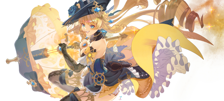 1girl absurdres black_hat blonde_hair breasts corset drill_hair floating_hair flower frills gem genshin_impact green_eyes grin gun hat hat_flower hat_ornament highres holding holding_gun holding_umbrella holding_weapon jewelry long_hair looking_at_viewer medium_breasts navia_(genshin_impact) necklace pearl_necklace punco_(kdfg2577) reloading skirt smile solo sparks strapless thighhighs umbrella very_long_hair weapon wrist_cuffs