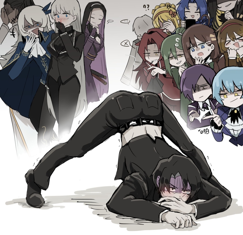 6+boys 6+girls :d angela_(project_moon) angelica_(project_moon) argalia_(project_moon) aroused_nosebleed binah_(project_moon) blood chesed_(project_moon) covering_face disgust embarrassed gebura_(project_moon) gloom_(expression) grin hana_association_south_uniform highres hillsbeichen hod_(project_moon) hokma_(project_moon) iori_(project_moon) jack-o&#039;_challenge laughing library_of_ruina male_focus malkuth_(project_moon) midriff_peek mocking multiple_boys multiple_girls netzach_(project_moon) nosebleed olivier_(project_moon) open_mouth pointing project_moon scar scar_across_eye scar_on_face smile solo_focus tearing_up tiphereth_a_(project_moon) top-down_bottom-up trembling yesod_(project_moon)