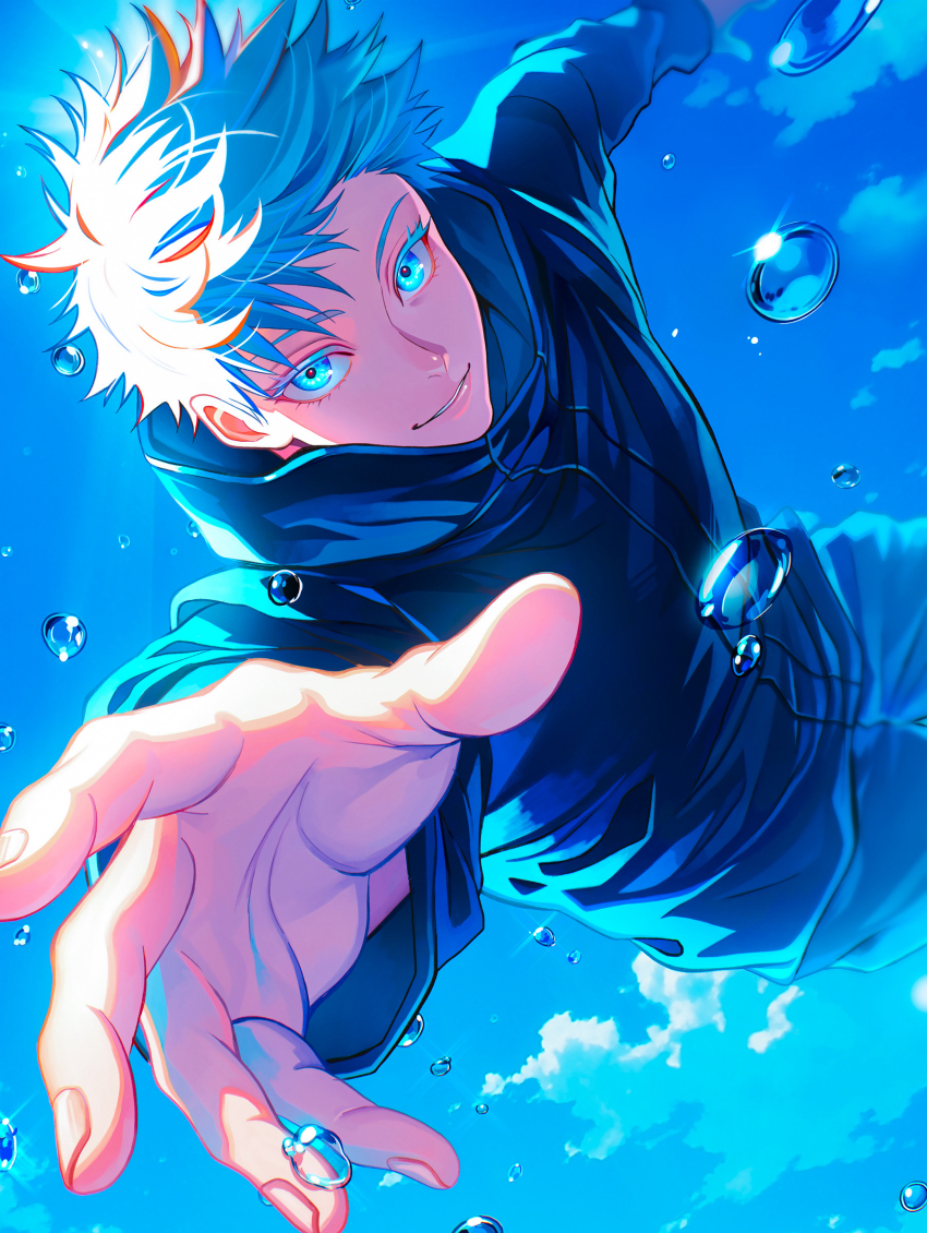 absurdres black_jacket black_pants black_sleeves blue_eyes blue_sky cloud cloudy_sky cowboy_shot eyes_visible_through_hair fingernails gojou_satoru hair_over_one_eye highres jacket jujutsu_kaisen jujutsu_tech_uniform long_sleeves looking_at_viewer pants parted_lips shibakawaiiii short_hair sky smile splashing teeth water_drop white_hair
