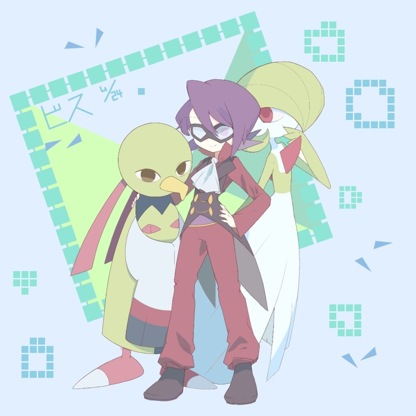 1boy ascot bob_cut colored_skin dress gardevoir gen_2_pokemon gen_3_pokemon green_hair green_skin hair_over_one_eye hand_on_own_hip highres kotori_0322 multicolored_skin nintendo pants pink_eyes pokemon pokemon_(creature) pokemon_hgss purple_hair tailcoat two-tone_skin white_ascot white_dress white_skin will_(pokemon) xatu