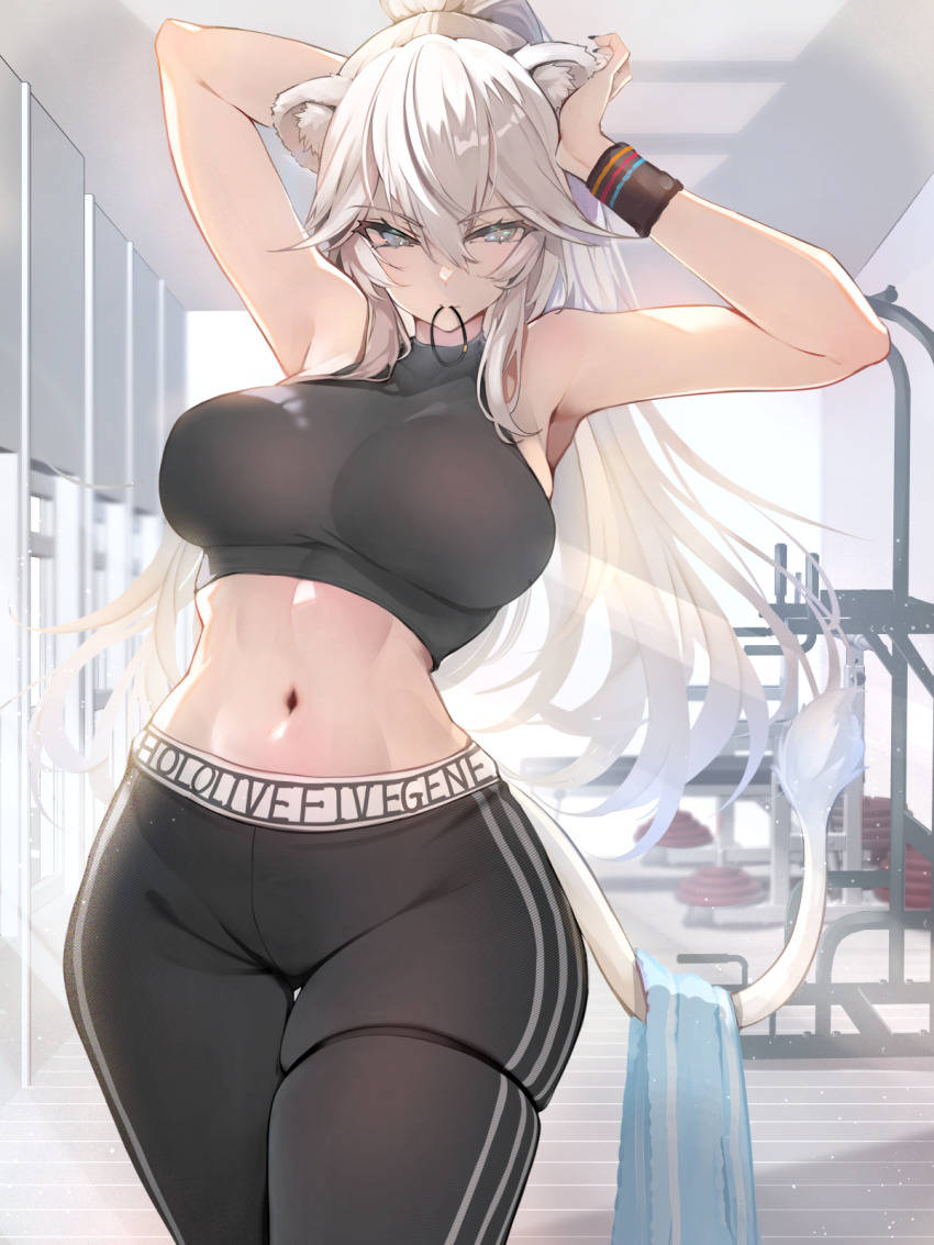 1girl animal_ears armband armpits arms_up black_armband black_pants blue_eyes breasts commentary_request cowboy_shot crop_top double-parted_bangs english_text engrish_text grey_eyes grey_hair gym gym_equipment hair_tie hair_tie_in_mouth hand_in_own_hair highres hololive indoors large_breasts light_rays lion_ears lion_girl lion_tail long_hair looking_at_viewer midriff mouth_hold navel omoti_(1201208) pants ponytail ranguage shirt shishiro_botan skindentation sleeveless sleeveless_shirt solo sports_bra sportswear standing sunlight tail thigh_strap thighs towel tying_hair virtual_youtuber yoga_pants