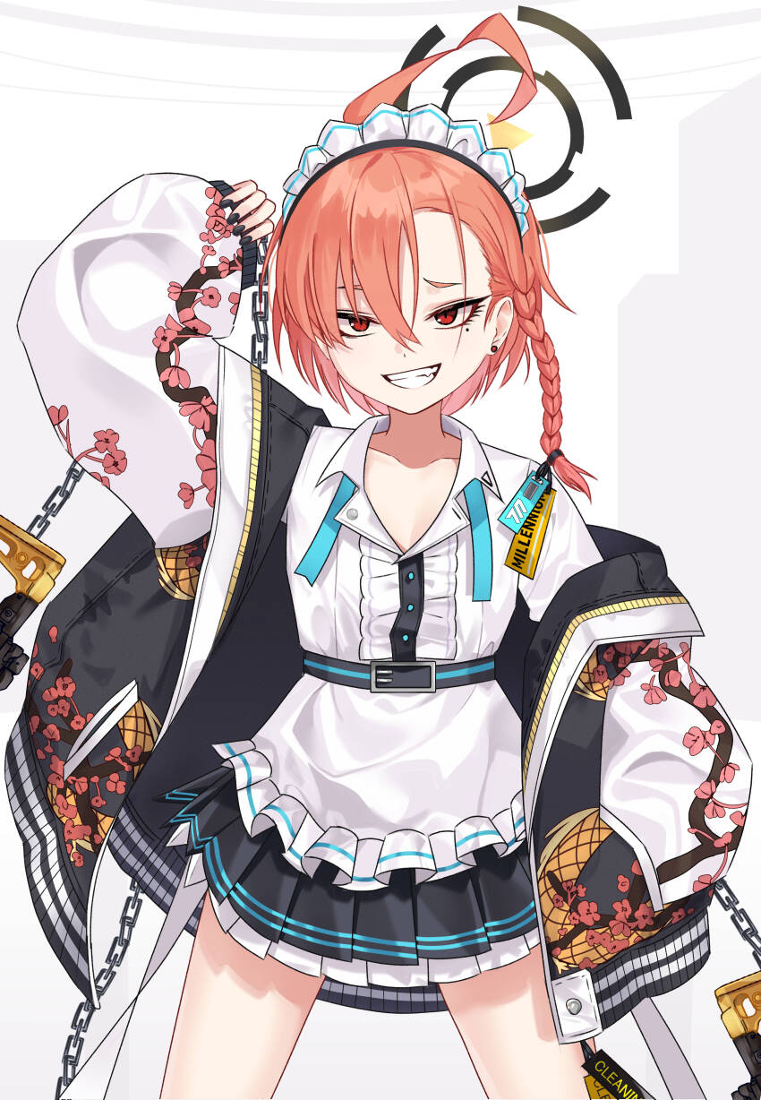 1girl absurdres apron arm_up black_nails black_skirt blue_archive braid clenched_teeth commentary_request cowboy_shot earrings frilled_apron frills grin hand_in_pocket highres jacket jewelry looking_at_viewer maid_headdress mole mole_under_eye necktie neru_(blue_archive) off_shoulder open_clothes open_jacket orange_hair pleated_skirt print_jacket red_eyes shirt short_hair side_braid single_braid skirt smile solo standing stud_earrings sukajan teeth undone_necktie waist_apron wasi white_apron white_shirt